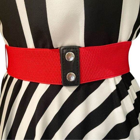 Danny & Nicole Black and White Asymmetrical Midi Dress w/ Red Snap Stretch Belt - Picture 8 of 14